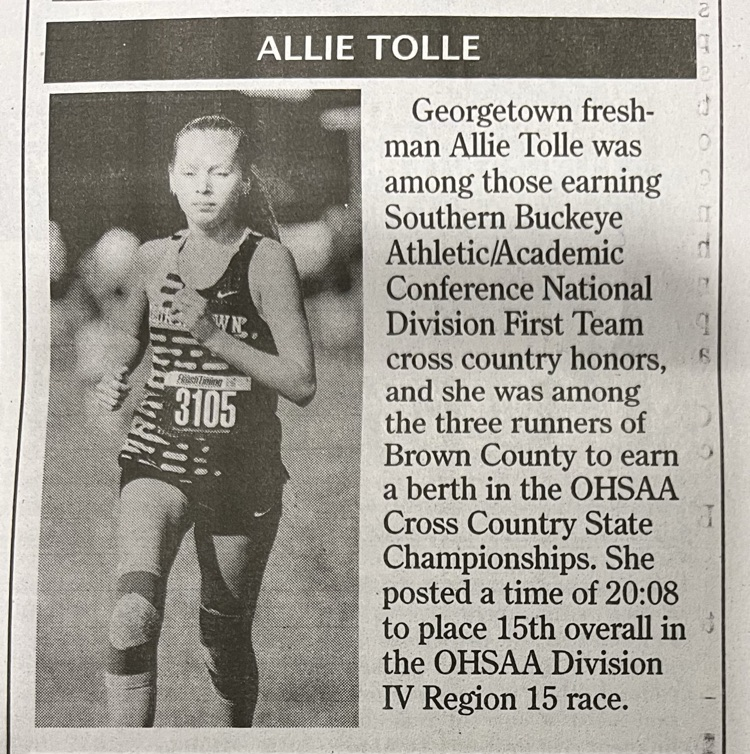 More cool cross country news! 🌟Congrats to Allie Tolle for being named a Brown County Athlete of the Week!