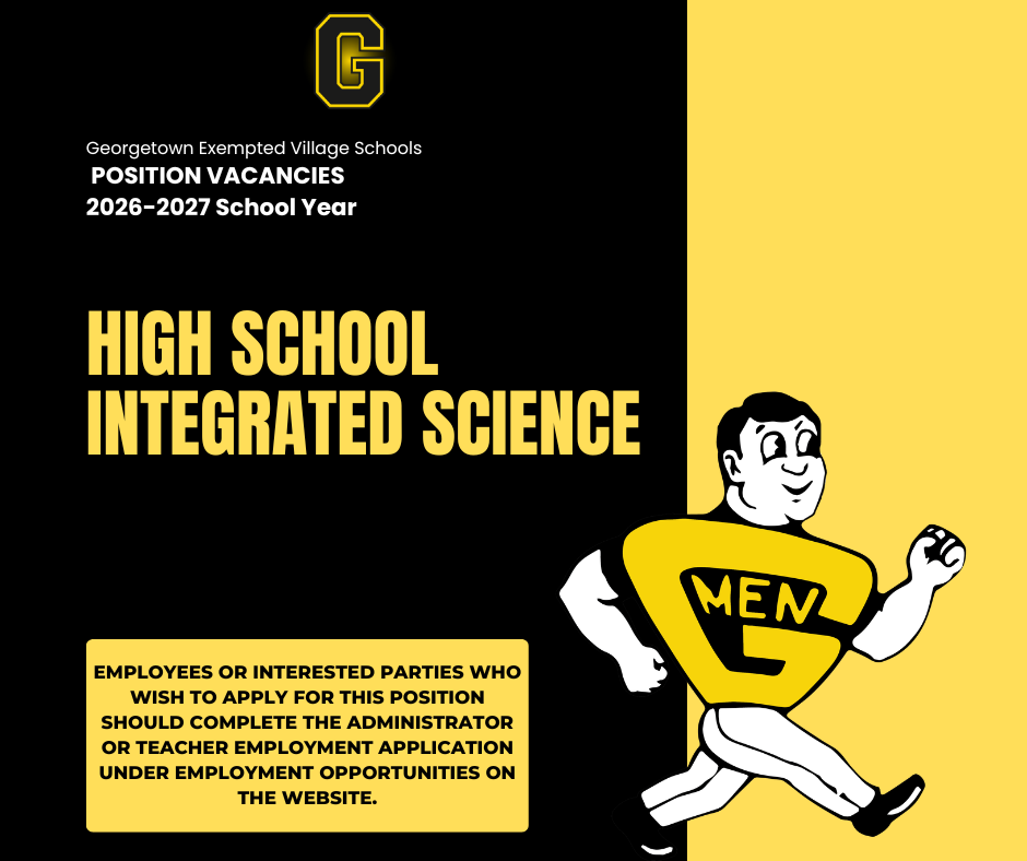 2026-2027 Position Vacancy flyer for a High School Integrated Science position. Interested parties can apply on the GEVS website by completing the Administrator or Teacher Employment Application under Employment Opportunities.