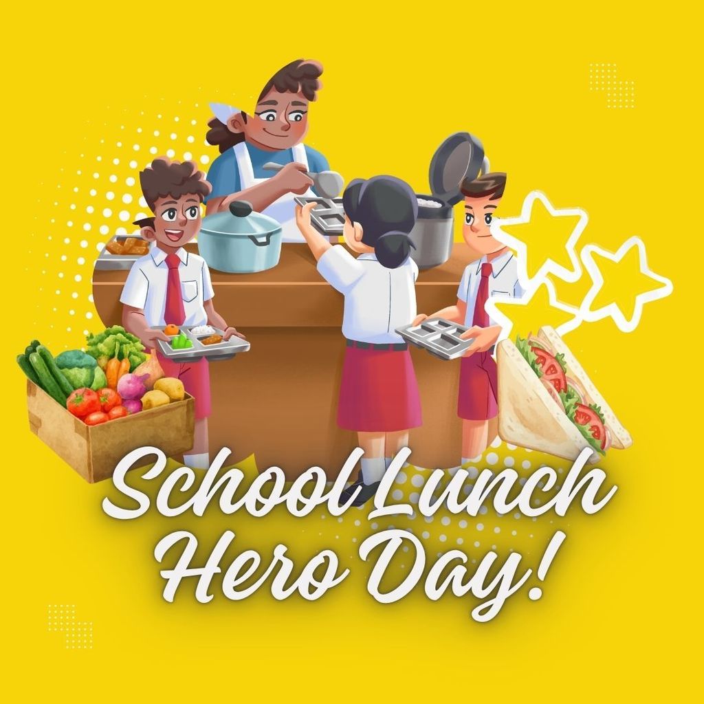 Image depicting students being served food in a cafeteria for School Lunch Hero Day