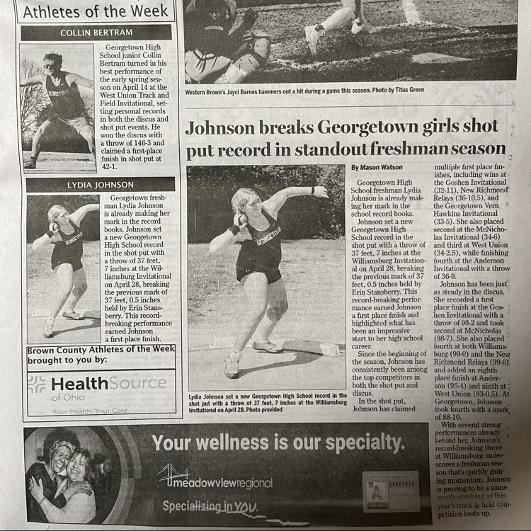 Congratulations to Lydia Johnson and Collin Bertram for representing Georgetown Athletics with pride, being named Brown County Athlete's of the Week! 