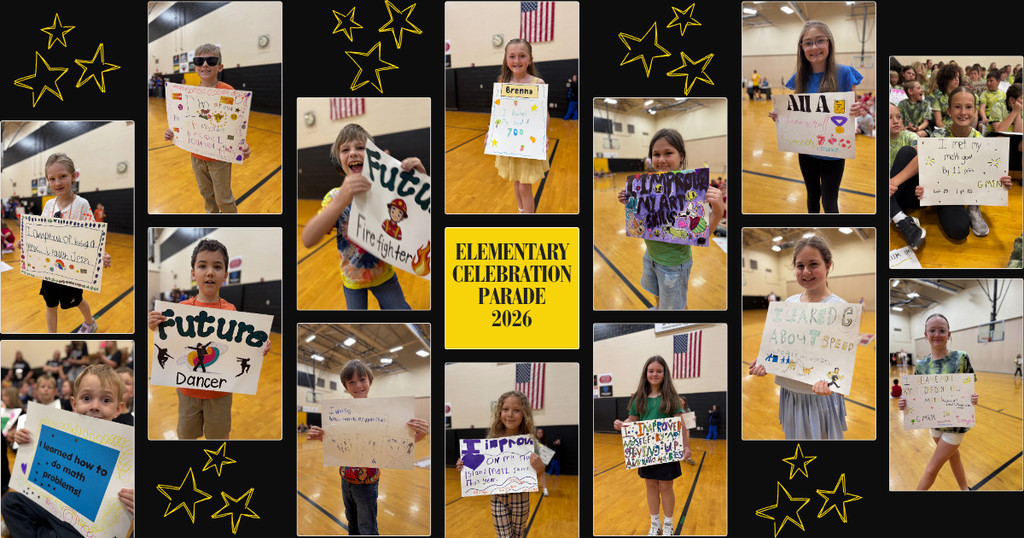 Photos of students with their end of year accomplishments listed on posters that they decorated from the Elementary Celebration Parade 2026.