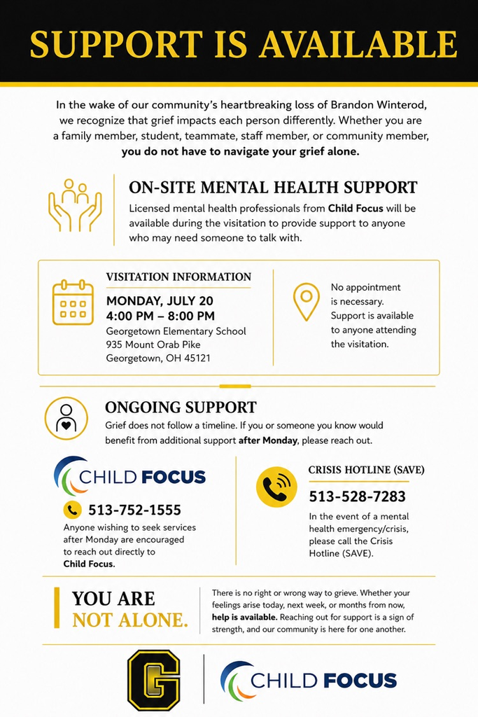 A flyer offering grief services to the community following the passing of Brandon Winterod. Crisis Hotline (SAVE): 513-528-7283 for mental health emergencies.