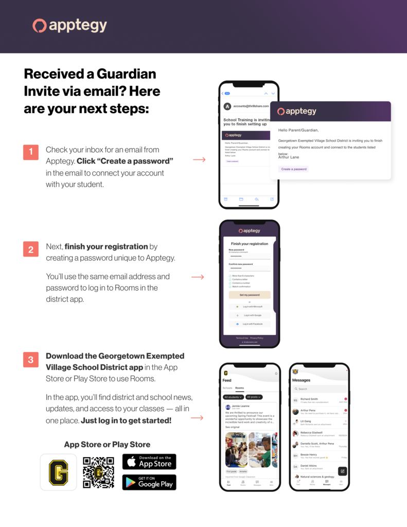 Instructional infographic titled "Received a Guardian Invite via email? Here are your next steps:" by Apptegy. Step 1 tells users to check their inbox for an Apptegy email and click "Create a password," showing a preview of the email invite. Step 2 guides users through finishing registration by setting a unique password or choosing social sign-in options, shown on a mobile screen preview. Step 3 prompts users to download the Georgetown Exempted Village School District app to access news, updates, and classes. At the bottom are app download badges, a QR code, and mobile screen previews showing the app's Feed and Messages tabs.