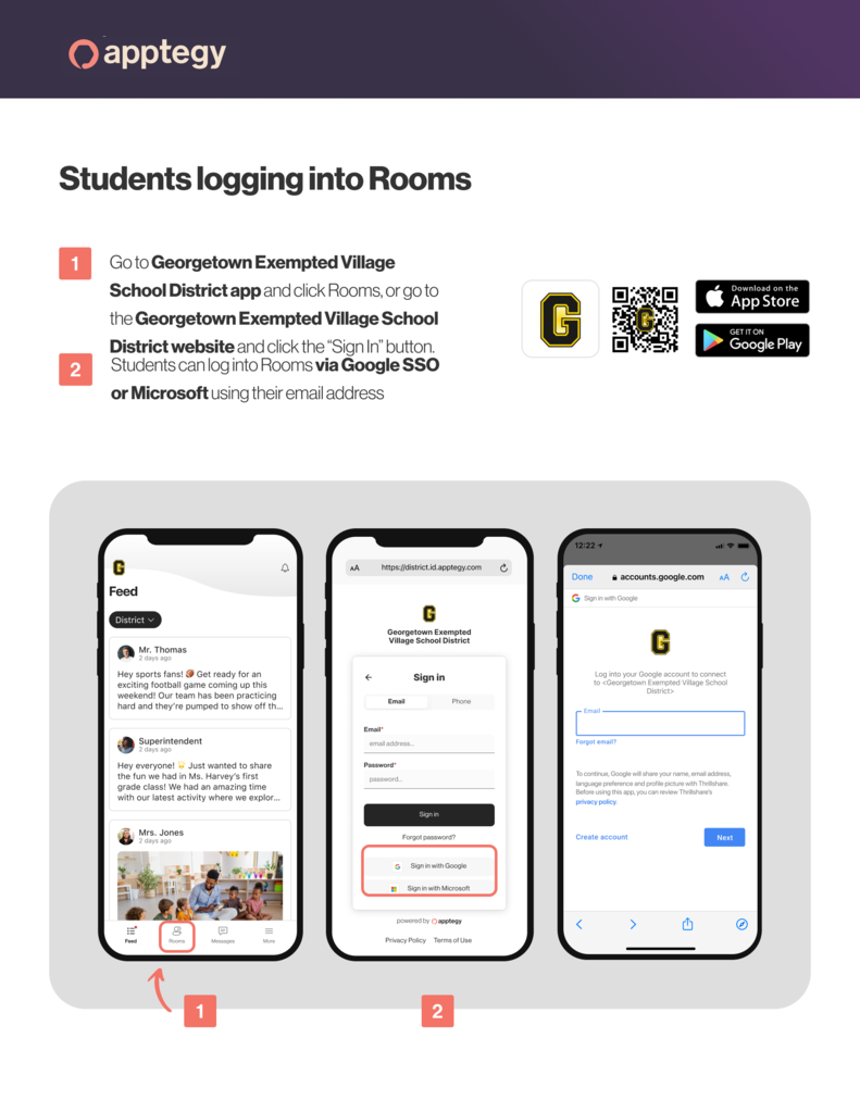 Instructional guide titled "Students logging into Rooms" by Apptegy for Georgetown Exempted Village School District. Step 1 instructs users to open the district app and select Rooms, or visit the district website and click Sign In. Step 2 explains that students log in via Google SSO or Microsoft using their email. Below the text, three smartphone screens illustrate the process: opening the app feed and tapping Rooms, selecting the "Sign in with Google" button, and logging into a Google account. The graphic also includes a QR code, App Store, and Google Play download badges, alongside the school's "G" logo.