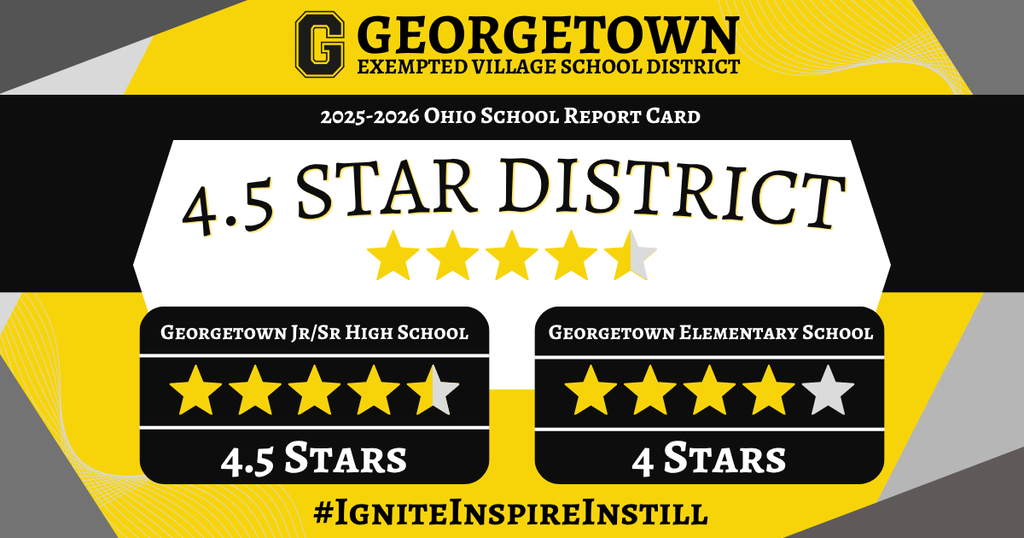 A graphic featuring the 2025–2026 Ohio School Report Card results for Georgetown Exempted Village School District, displayed in a black, gold, and white color scheme.  Header: Displays the district logo (a block "G") alongside the text GEORGETOWN EXEMPTED VILLAGE SCHOOL DISTRICT and the subtitle 2025-2026 OHIO SCHOOL REPORT CARD.  District Rating: A prominent central banner reads 4.5 STAR DISTRICT accompanied by five stars (four filled yellow stars and one half-filled star).  Georgetown Elementary School: Listed on the bottom left, showing 4 filled yellow stars and 1 gray star, labeled 4 STARS.  Georgetown Jr/Sr High School: Listed on the bottom right, showing 4 filled yellow stars and 1 half-filled star, labeled 4.5 STARS.  Footer: Displays the hashtag #IGNITEINSPIREINSTILL across the bottom banner.