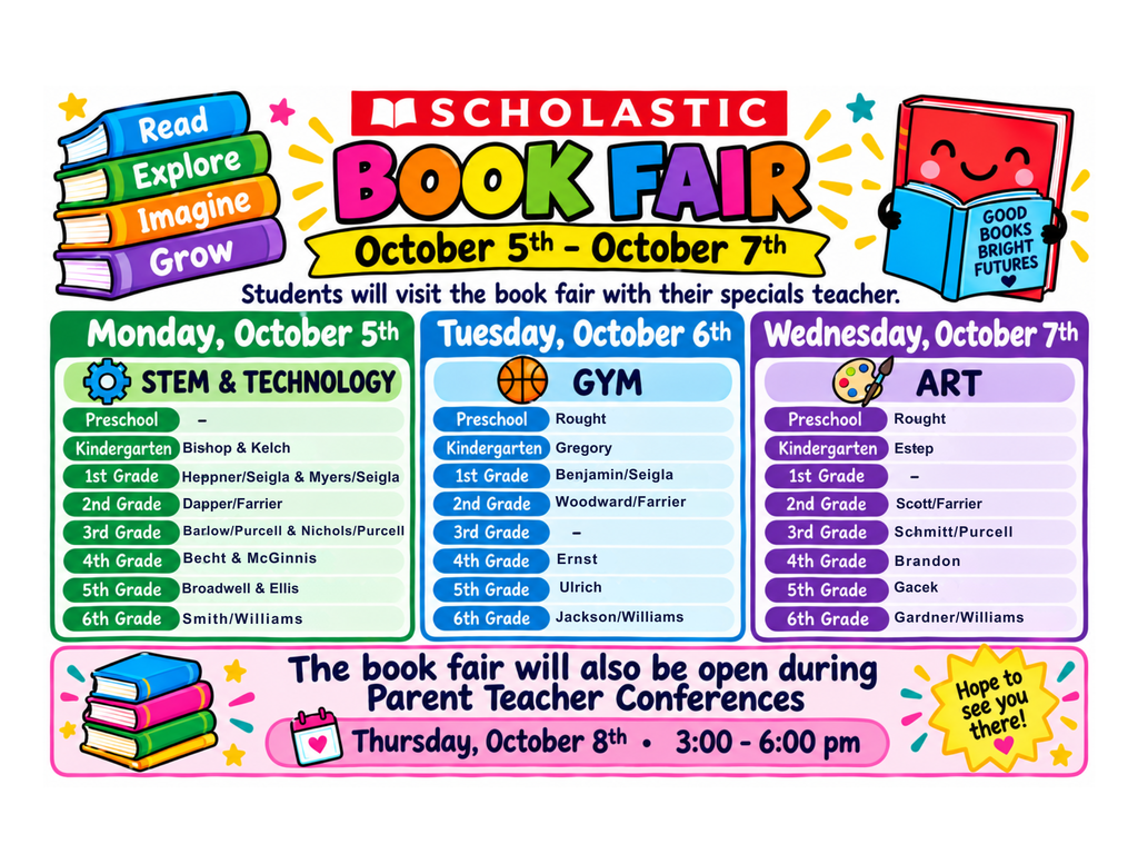 An image of a colorful flyer for a Scholastic Book Fair taking place from October 5th – October 7th. Header At the top, dynamic lettering announces the Scholastic Book Fair, surrounded by colorful illustrations of books. Text on stacked books reads: Read, Explore, Imagine, Grow. A character holding a book displays the message: Good books, bright futures. Daily Schedule by Special Class Students will visit the book fair during their specials classes: Monday, October 5th – STEM & Technology Preschool: – Kindergarten: Bishop & Kelch 1st Grade: Heppner/Seigla & Myers/Seigla 2nd Grade: Dapper/Farrier 3rd Grade: Barlow/Purcell & Nichols/Purcell 4th Grade: Becht & McGinnis 5th Grade: Broadwell & Combination Group 6th Grade: Smith/Williams Tuesday, October 6th – Gym Preschool: Rought Kindergarten: Gregory 1st Grade: Benjamin/Seigla 2nd Grade: Woodward/Farrier 3rd Grade: – 4th Grade: Ernst 5th Grade: Ulrich/Ellis 6th Grade: Jackson/Williams Wednesday, October 7th – Art Preschool: Rought Kindergarten: Estep 1st Grade: – 2nd Grade: Scott/Farrier 3rd Grade: Schmitt/Purcell 4th Grade: Brandon 5th Grade: Gacek/Ellis 6th Grade: Gardner/Williams Additional Hours A banner across the bottom states: "The book fair will also be open during Parent Teacher Conferences" Thursday, October 8th • 3:00 - 6:00 pm