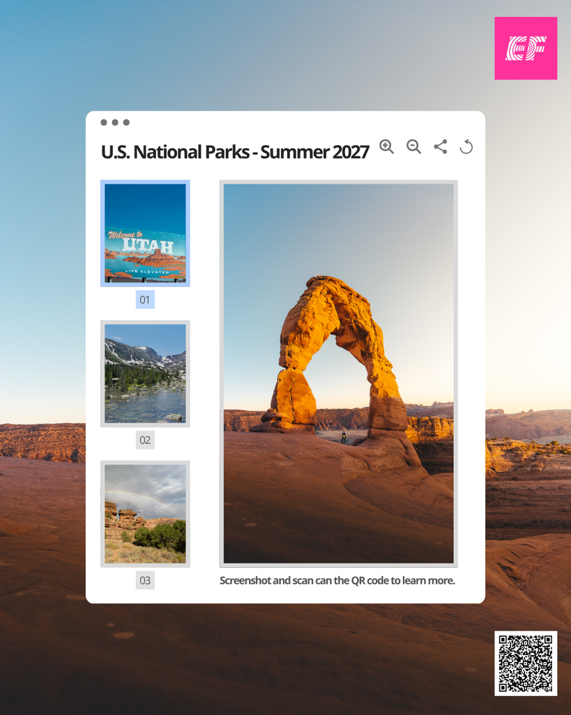 Promotional social media graphic titled "U.S. National Parks - Summer 2027" featuring a photo gallery overlay set against a backdrop of desert red rocks. The central image highlights Delicate Arch in Arches National Park at sunset. To the left, three smaller thumbnail photos show a "Welcome to Utah" sign, a alpine lake surrounded by mountains and evergreen trees, and red rock formations under a sky with a rainbow. Text at the bottom reads "Screenshot and scan the QR code to learn more," accompanied by an EF logo in the top right corner and a QR code in the bottom right corner.
