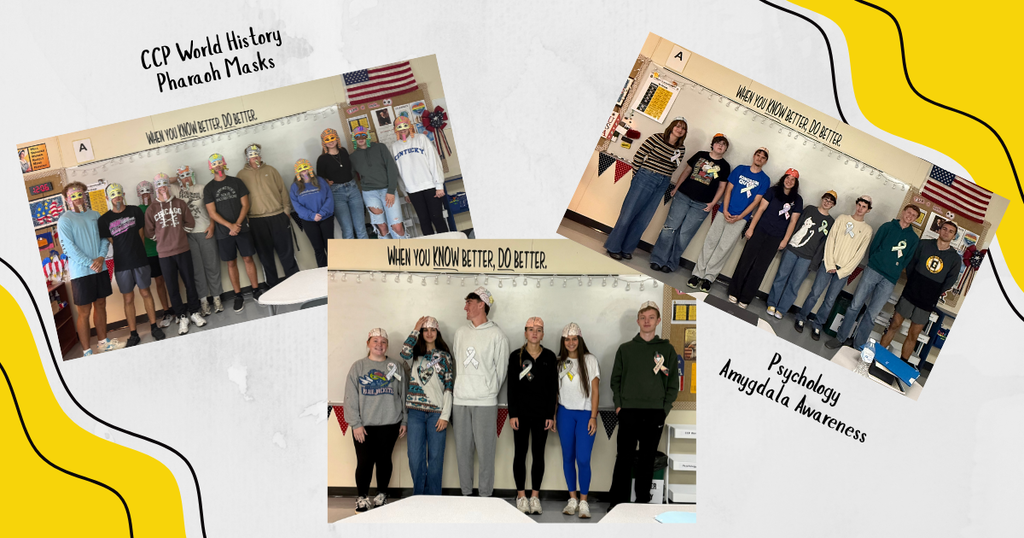 A collage featuring three photographs of high school students standing in classroom settings, set against a light background with decorative yellow and black accents: Top Left: A group of students wearing colorful, handmade Egyptian Pharaoh masks standing under a classroom sign reading "CCP World History Pharaoh Masks". Top Right & Bottom Center: Two groups of students participating in a "Psychology Amygdala Awareness" project, posing in front of a whiteboard adorned with the phrase "WHEN YOU KNOW BETTER, DO BETTER." They are wearing paper brain caps or ribbons attached to their clothing.