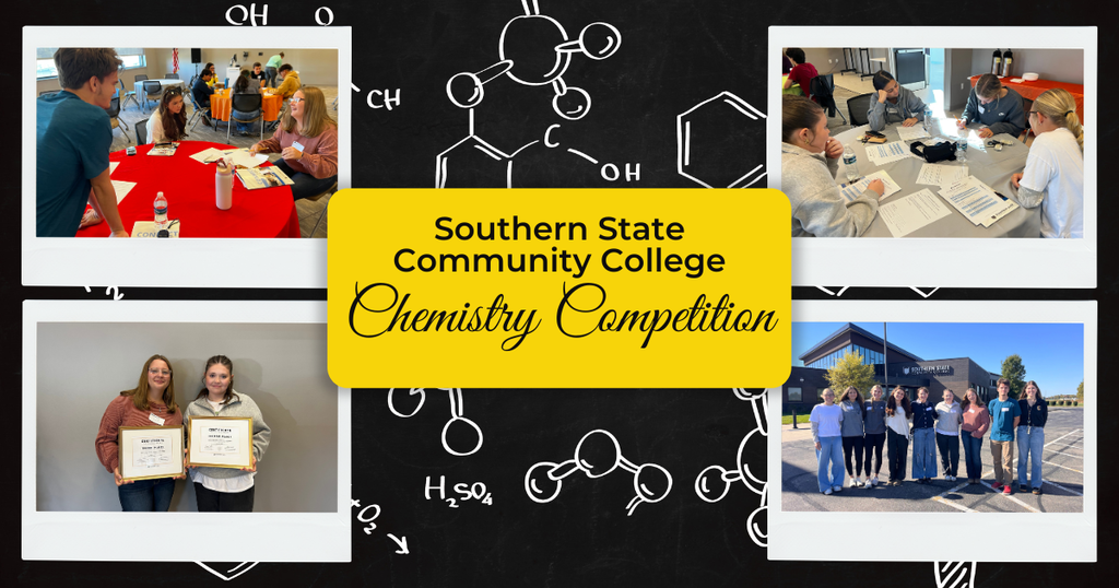 This image is a promotional graphic for the Southern State Community College Chemistry Competition. It features a black background with white chemical structure drawings (such as $H_2SO_4$, $O_2$, and molecular structures) and a central yellow rounded banner displaying the text "Southern State Community College Chemistry Competition". Arranged around the central text are four Polaroid-style photographs showing students participating in the event: Top Left: Students working together at a round table with a red tablecloth. Top Right: Students seated at a table filling out worksheets and taking tests. Bottom Left: Two students holding framed award certificates for placing in the competition. Bottom Right: A group photo of participants standing outside in front of the Southern State Community College building.