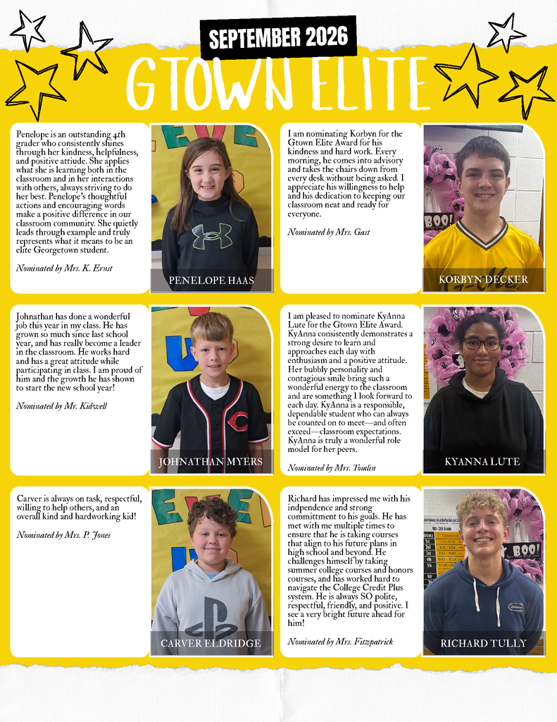 September 2026 Gtown Elite students with write-ups exemplifying the ways that they are Gtown Elite.