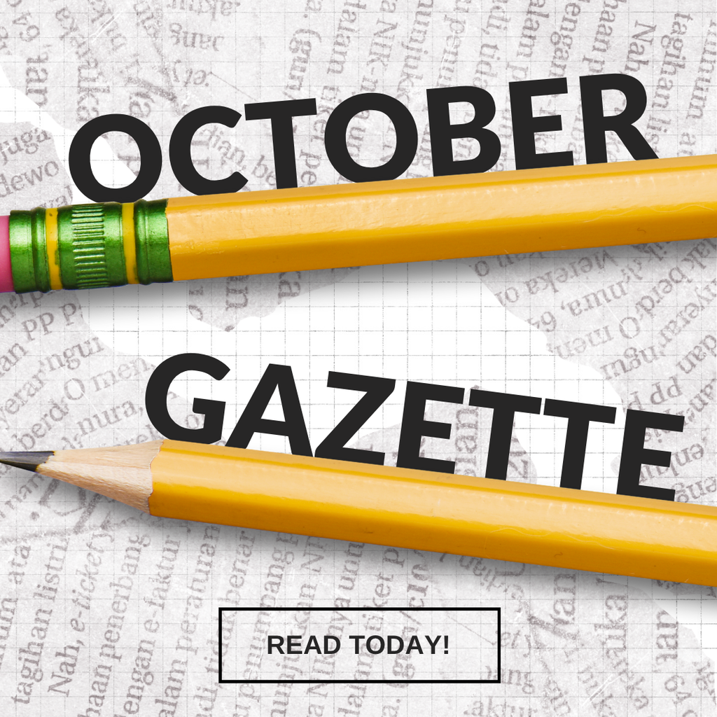 A graphic featuring the text "OCTOBER GAZETTE" in bold, black sans-serif font centered on a background made of newspaper print and grid paper. Two yellow pencils with pink erasers cross horizontally through the image, separating the words "OCTOBER" and "GAZETTE". Near the bottom is a rectangular box containing the call-to-action text "READ TODAY!".