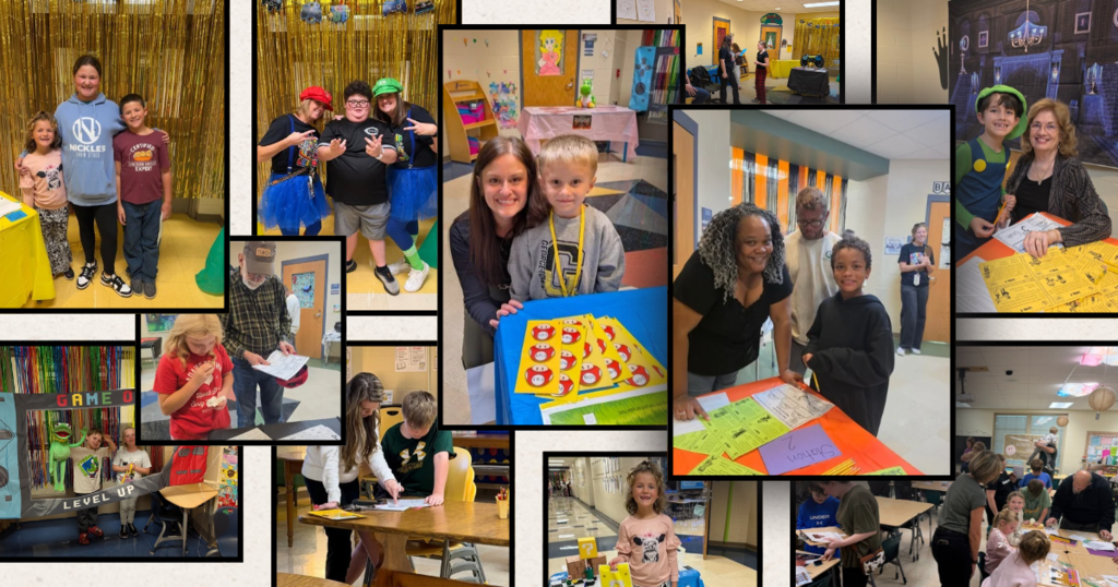Multiple photos of students, families, and staff from a MARIO-themed Literacy Night at the Elementary on September 21st.
