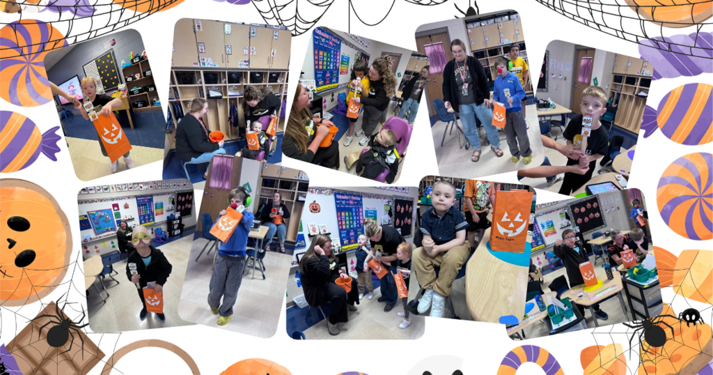 A graphic with a Halloween background of spiders, candy, and webs with a collage of 10 pictures of students and staff practicing for trick or treating.