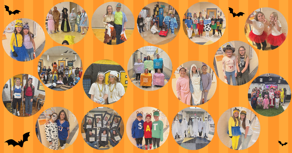 Halloween background with images of students and staff in Halloween costumes.