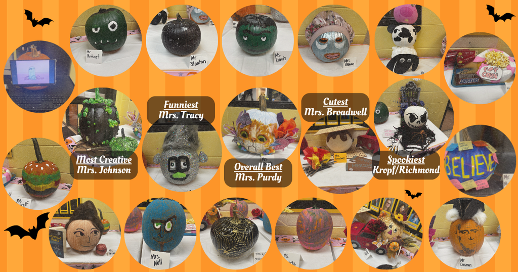 Halloween background with images of decorated pumpkins from the Jr/Sr High classrooms.