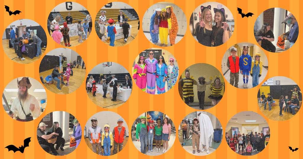 Halloween background with images of students and staff in Halloween costumes.