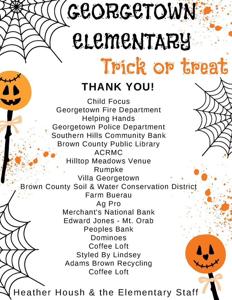 Halloween-themed flyer thanking local businesses for supporting the Elementary trick-or-treat event.