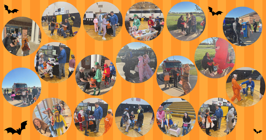 Halloween background with images of students and staff in Halloween costumes.