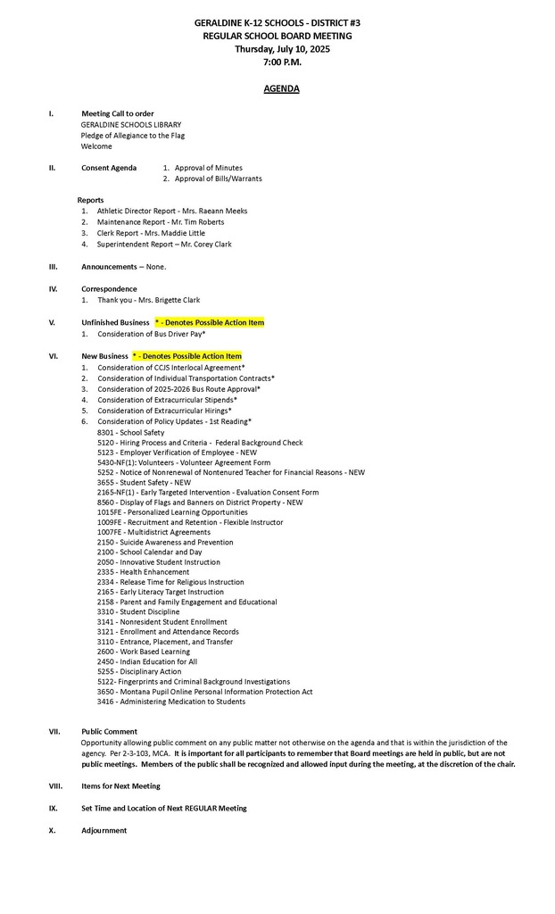 Regular Board Meeting July 10, 2025