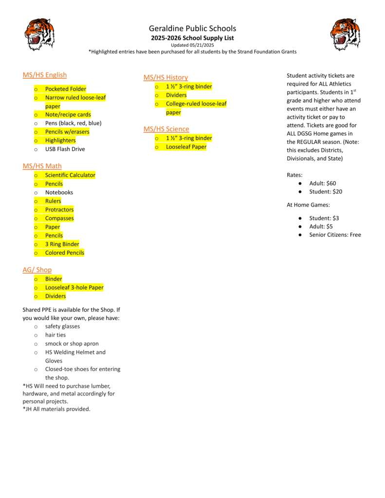 School Supply List