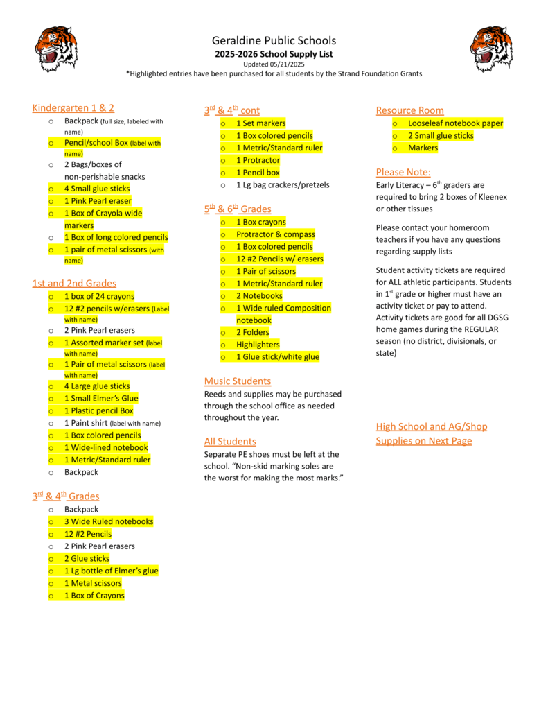 School Supply List