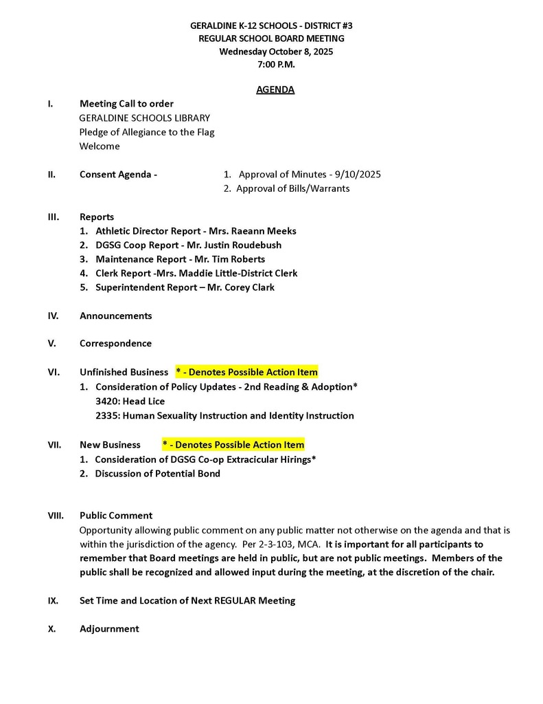Regular School Board Meeting October 8, 2025