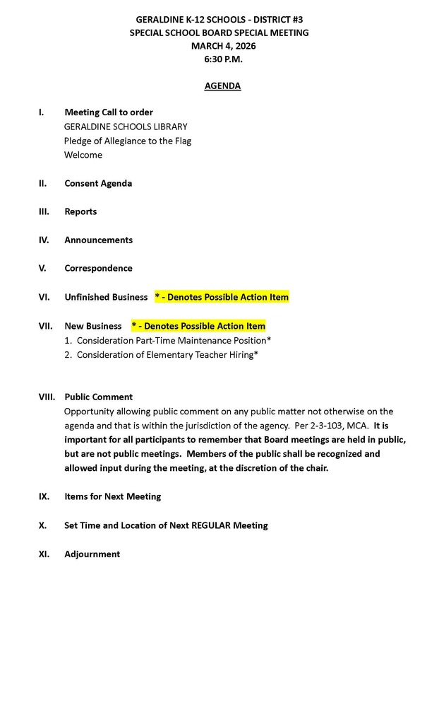 Special School Board Meeting March 4, 2026