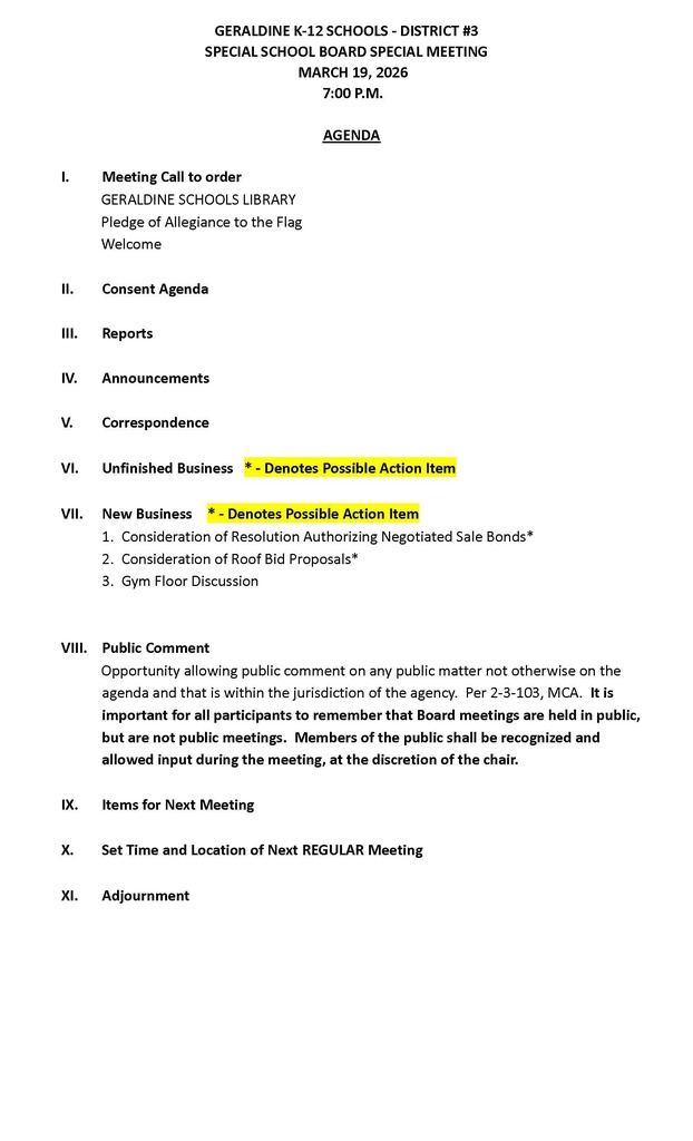 Special School Board Meeting March 4, 2026