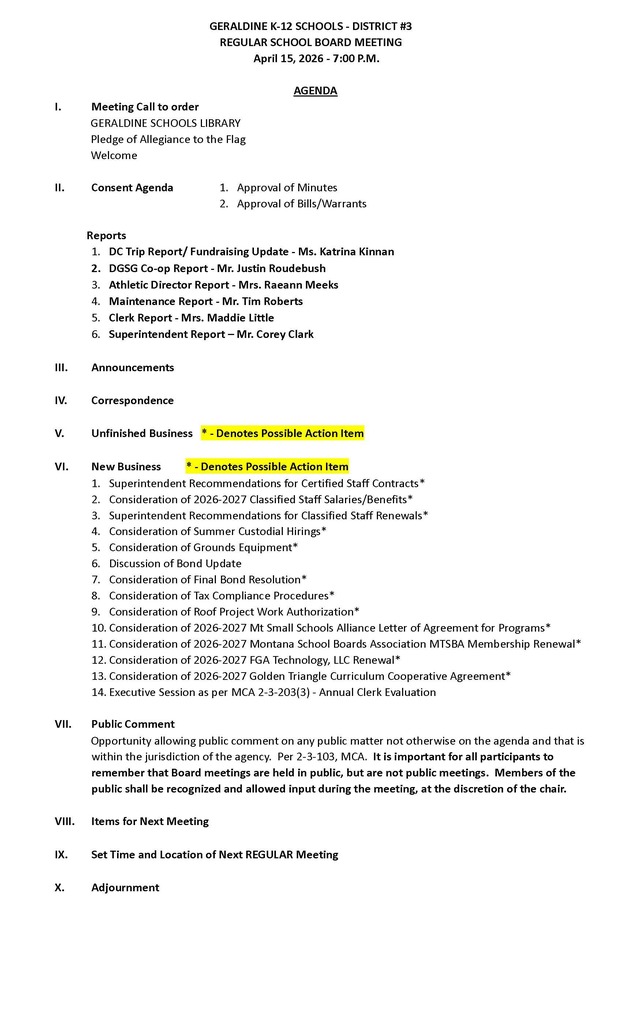 Regular Board Meeting April 15, 2026 at 7 pm. 