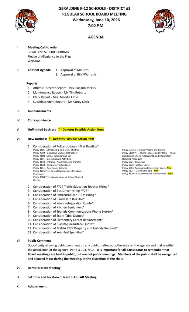 Regular Board Meeting June 10, 2026 at 7pm