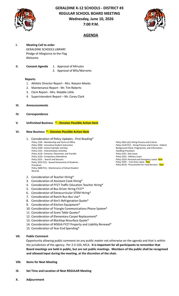 Regular Board Meeting June 10, 2026 7pm.