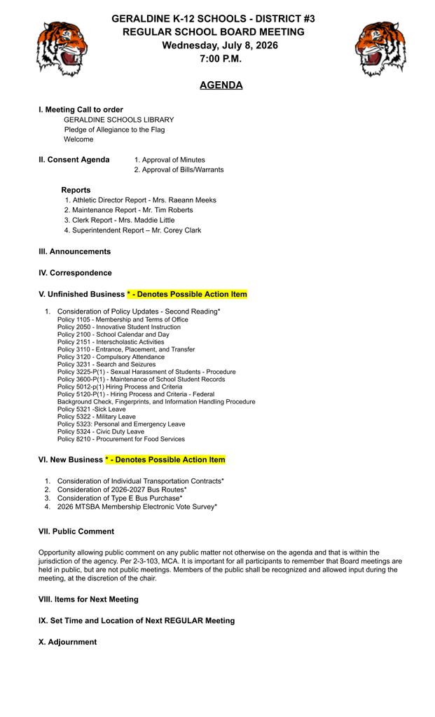 Regular Board Meeting July 8, 2026 at 7 pm.