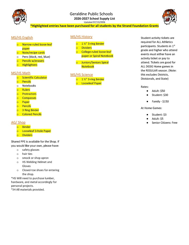 School Supply List