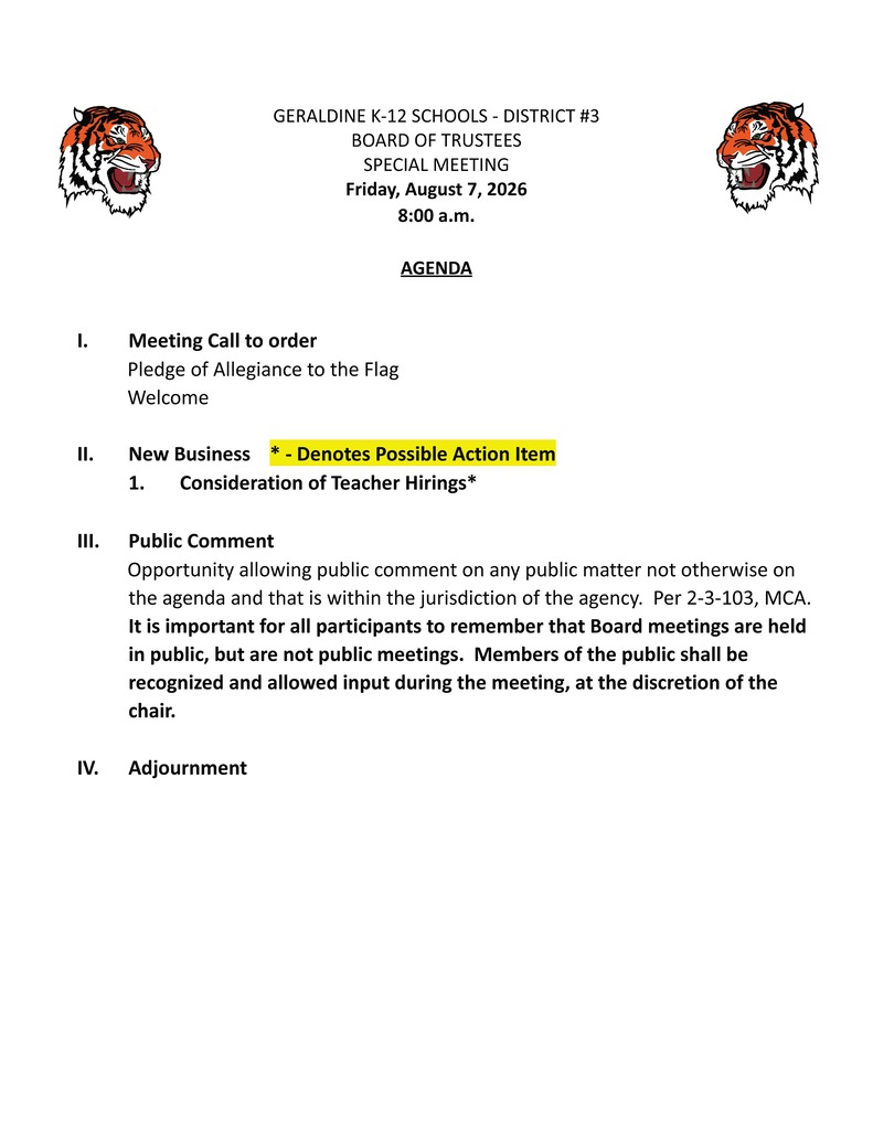 Special School Board Meeting August 8, 2026 at 8 am. 
