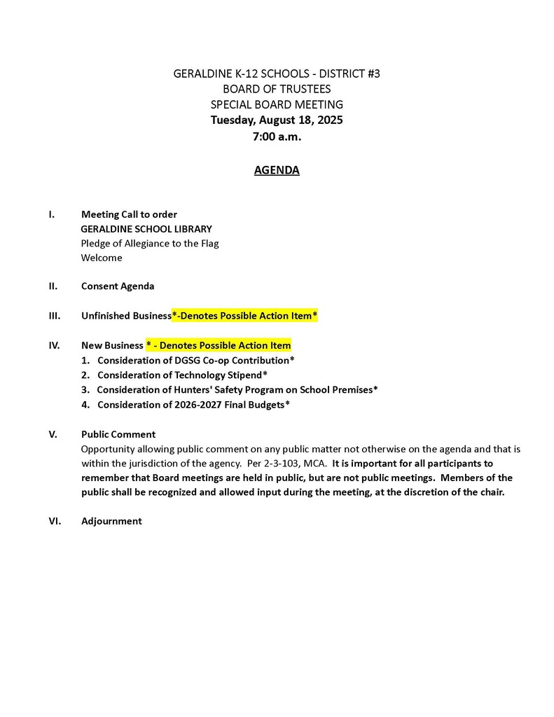 Special School Board Meeting August 18, 2026