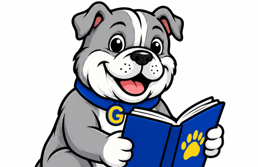 Little bulldog reading on top of books