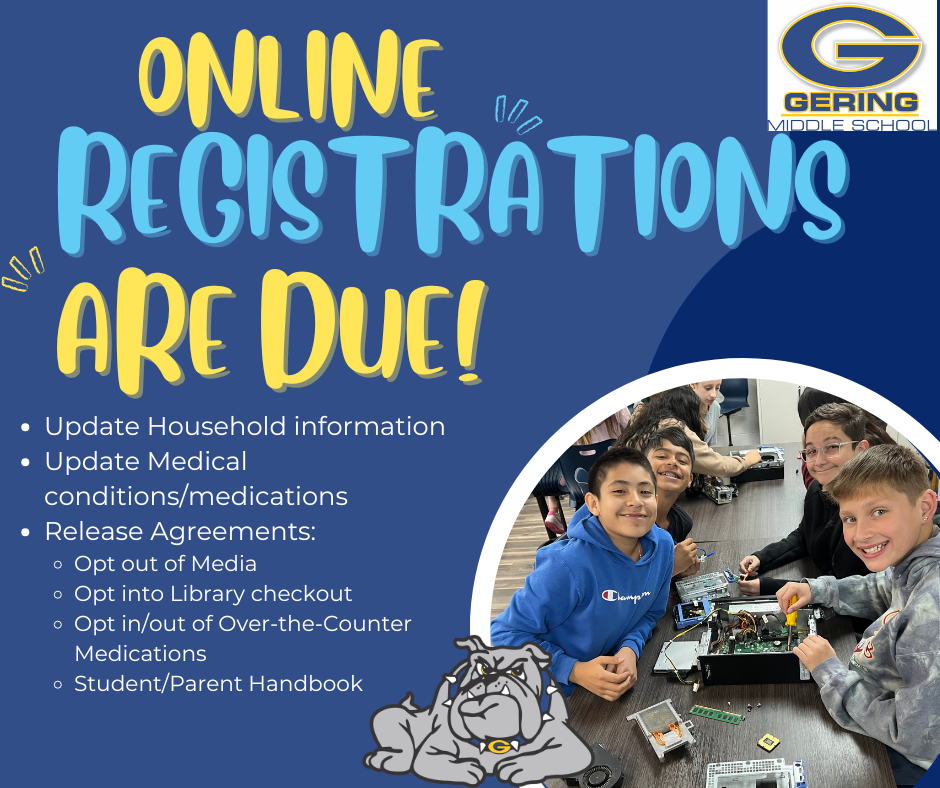 Online Registrations are Due Flyer: contains student photo and what is due