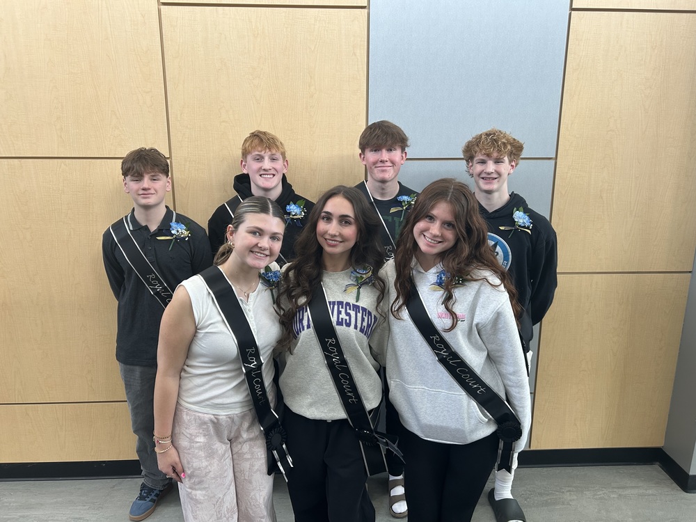 2026 Turnabout, “A Winter Wonderland,” court. Pictured are: Representing the Class of 2026 Greyson Becker and Jacalyn Kerpan (not pictured); Representing the Class of 2027 Evan Buss and Julia Joseph; Representing the Class of 2028 Reece Ribar and Natalie Menzl; Representing the Class of 2029 Crosby Luedtke and Mckenna Oglesby