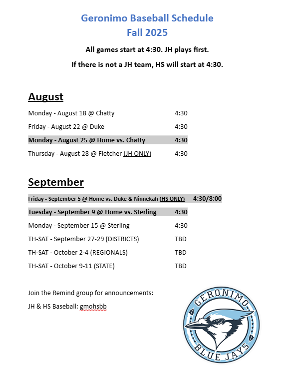 fall baseball schedule 2025