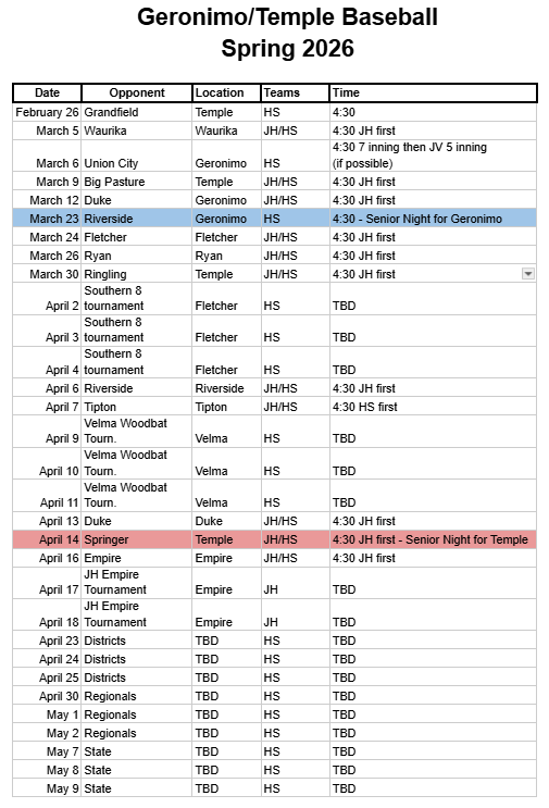 spring baseball schedule 