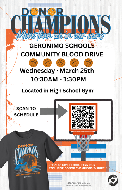 blood drive march 25th 10:30-1:30 at the GHS gym scan the QR code to schedule ahead of time