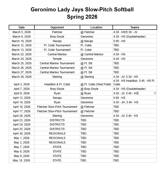 softball schedule