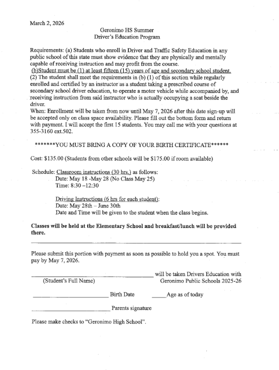 SUMMER 2026 DRIVERS EDUCATION INFORMATION CALL THE OFFICE 5803553160 FOR MORE DETAILS