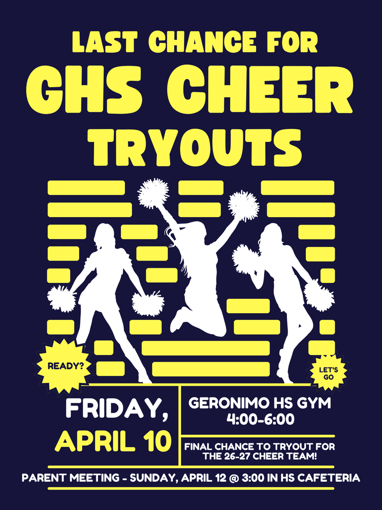 FRIDAY APRIL 11TH LAST CHANCE FOR CHEER TRYOUTS 4-6 PARENT MEETING SUNDAY APRIL 11 3:00 IN HS CAFETERIA