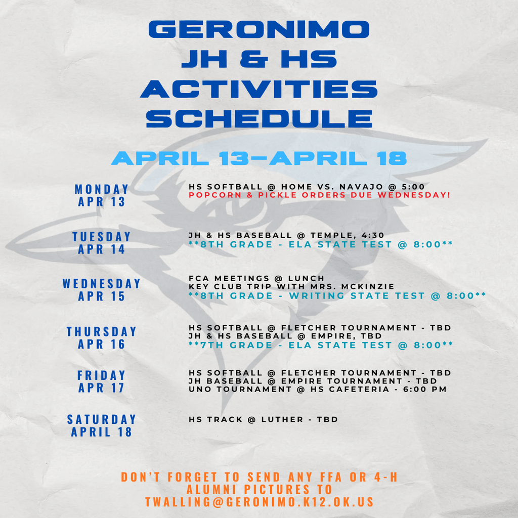 APRIL 13-18 ACTIVITIES AT THE JH AND HS