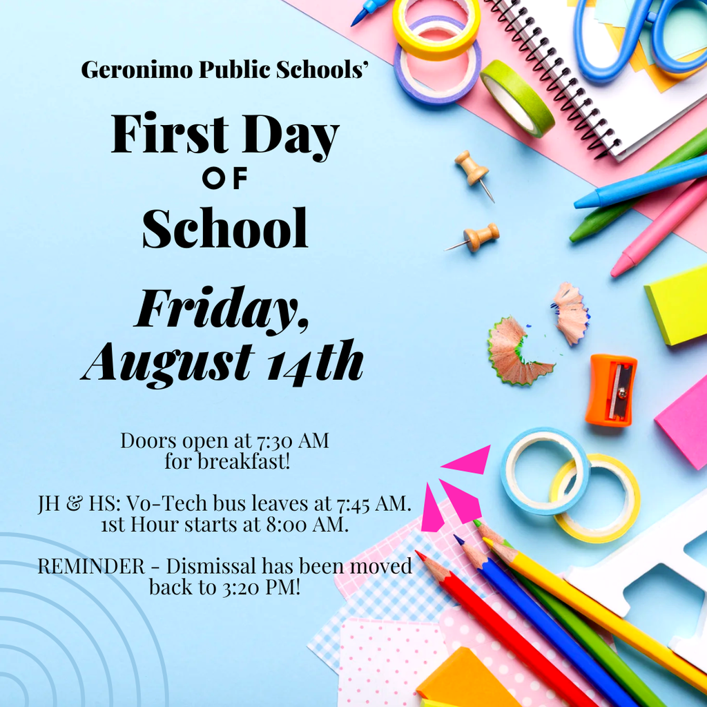 Tomorrow is the first day of school! Just a few reminders, Doors open for breakfast at 7:30 am for BOTH sites. JH & HS - Vo-Tech bus leaves at 7:45 am & the 1st hour bell rings at 8:00 am. REMINDER - Dismissal has been moved back to 3:20 pm!