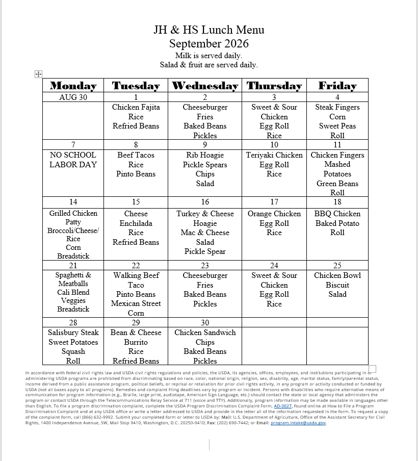 september 2026 lunch menu