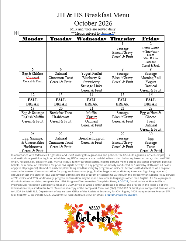 october 2026 breakfast menu