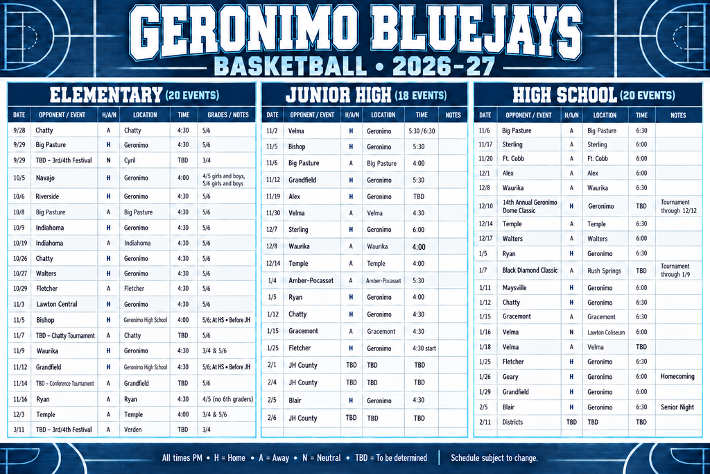 basketball schedules for elem jh and hs