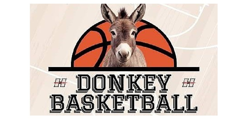 Picture of a donkey in front of a basketball backdrop with the words "Donkey Basketball " beneath